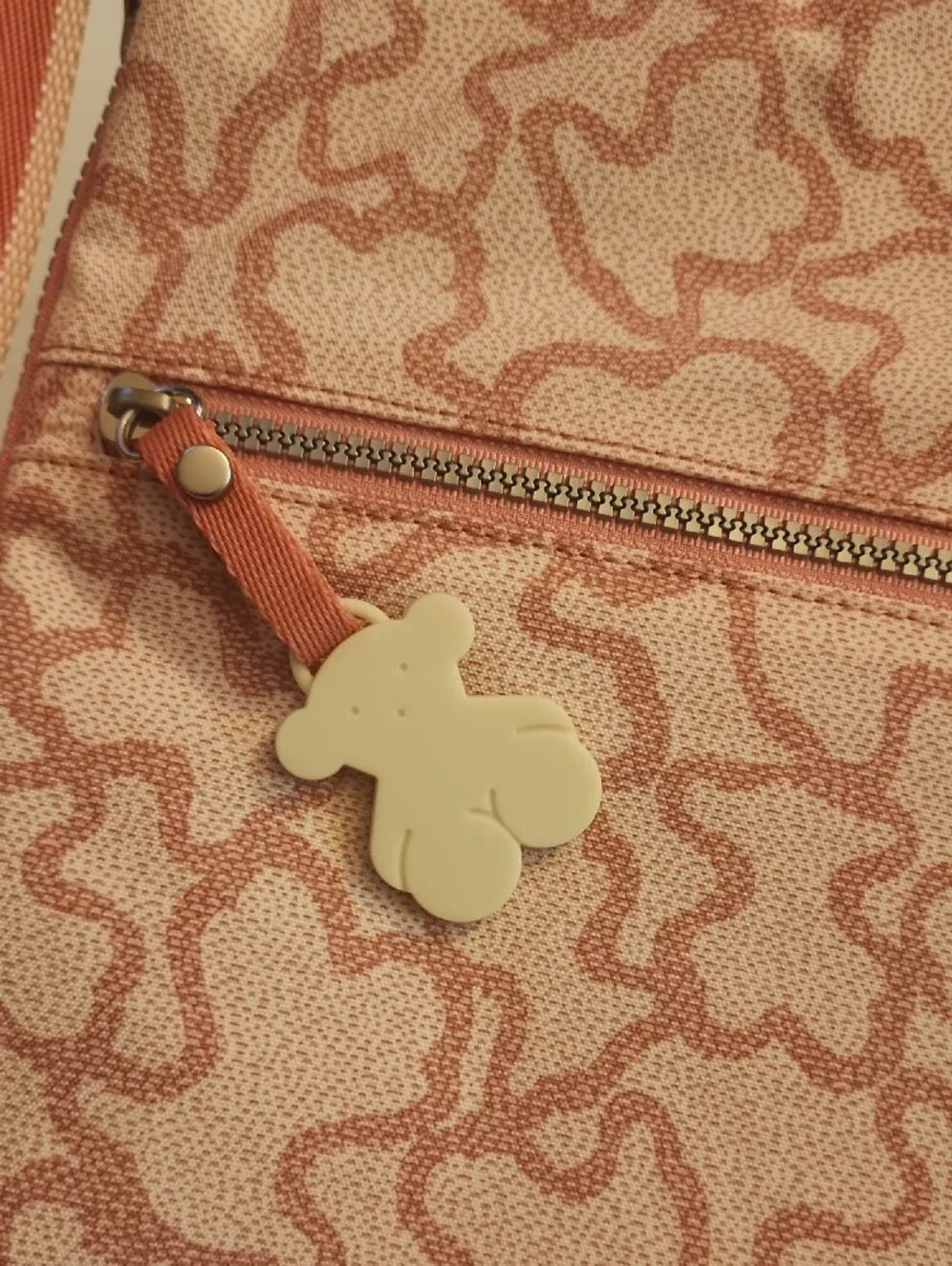 Tous Kaos New Colores Pink Patterned Backpack with Bear Charm. EUC. 33×38×6